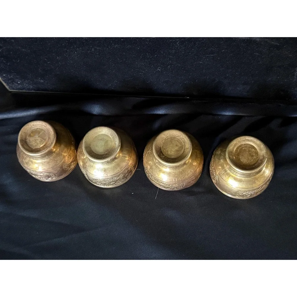 Vintage Brass Tea Set Engraved Coffee Pot & 4 Cups Moroccan Mediterranean Decor